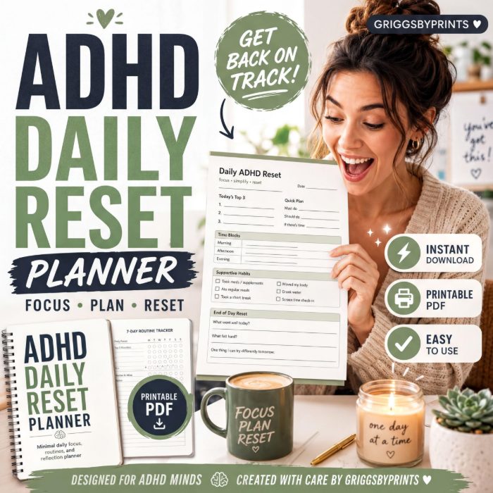 ADHD Daily Reset Planner printable cover showing a minimalist daily focus and self care routine layout