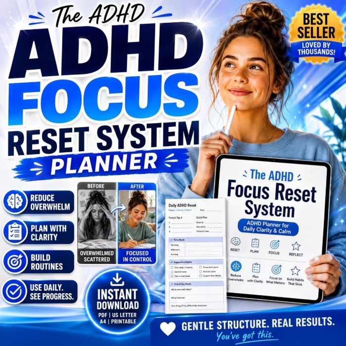 ADHD Overwhelm Reset System planner cover showing a daily focus page for resetting after an overwhelming day