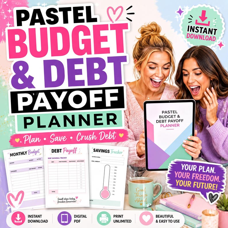 Pastel Budget and Debt Payoff Planner printable pages showing a monthly budget, debt payoff tracker and savings tracker