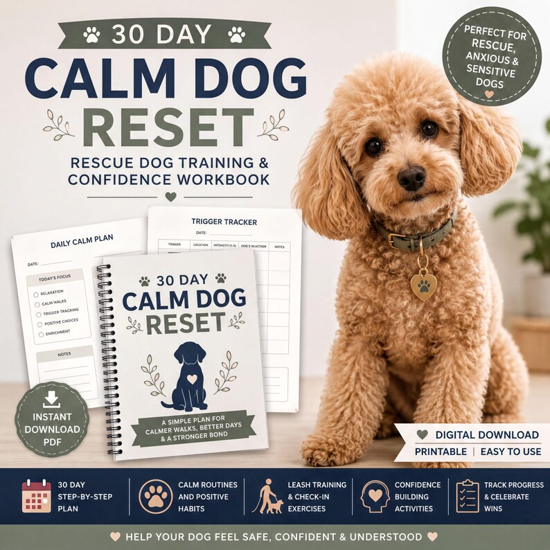 30 Day Calm Dog Reset rescue dog training and confidence workbook with a daily calm plan and trigger tracker pages