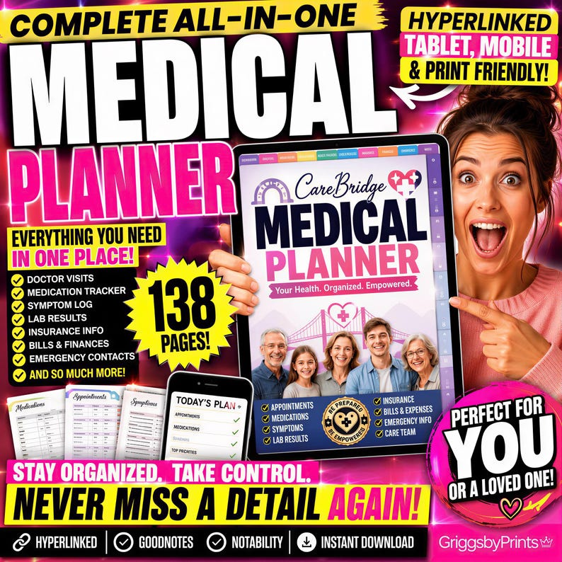 CareBridge digital medical planner on a tablet showing appointments, medications, symptoms and lab results sections with hyperlinked tabs