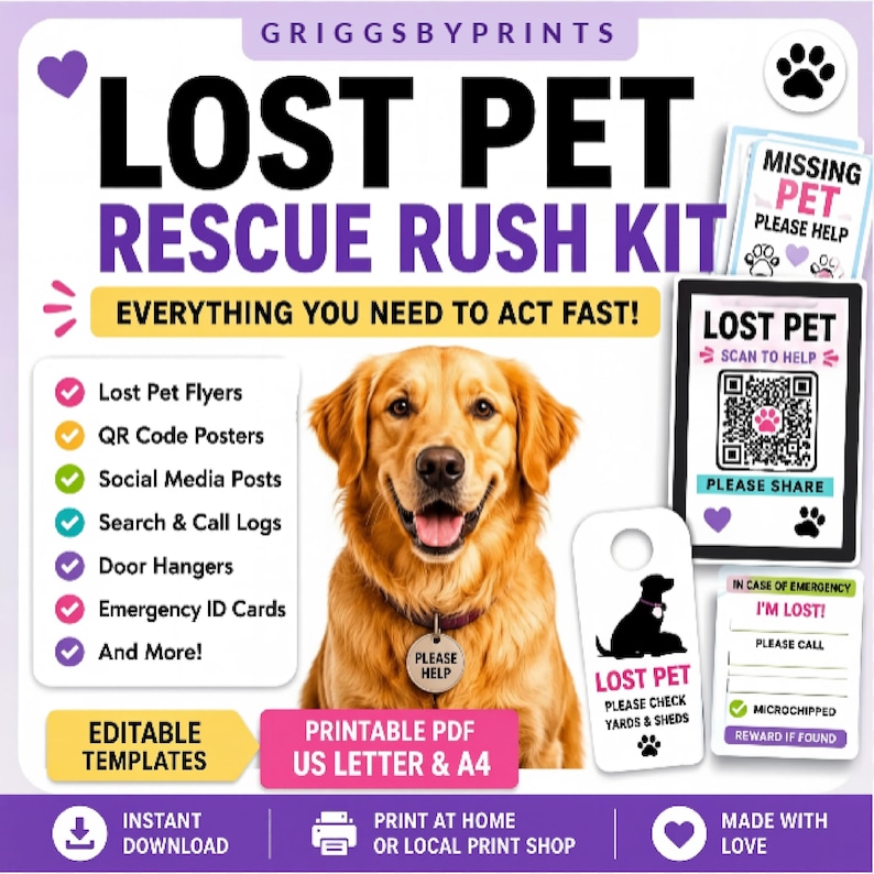 Lost Pet Rescue Rush Kit showing missing pet flyers, a QR code poster, door hangers and emergency ID cards