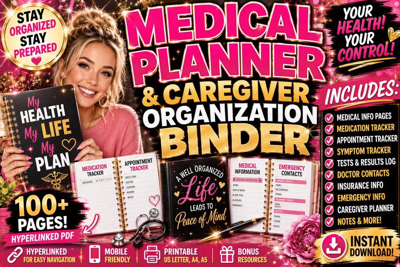 Medical planner and caregiver organization binder showing a medication tracker, appointment tracker, medical information and emergency contacts pages