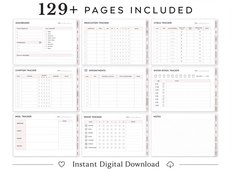 Medical planner pages including a dashboard, medication tracker, vitals tracker, symptom tracker, appointments, water intake, meal and mood trackers