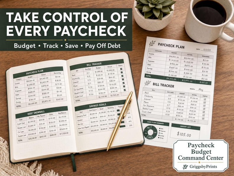Paycheck Budget Command Center printable pages showing a paycheck plan, bill tracker, debt snowball tracker and savings goals sheet