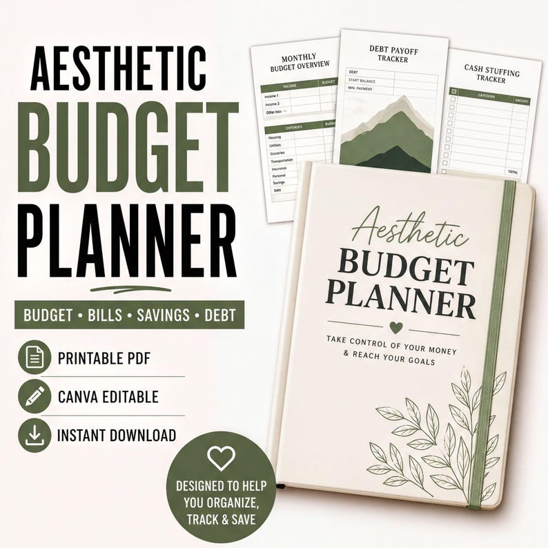 Aesthetic sage green budget planner cover with monthly budget overview, debt payoff tracker and cash stuffing tracker pages