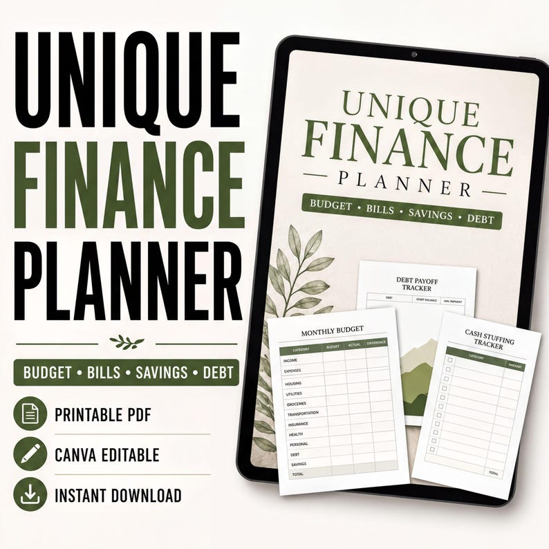 Unique Finance Planner sage green digital planner showing monthly budget, debt payoff tracker and cash stuffing tracker pages
